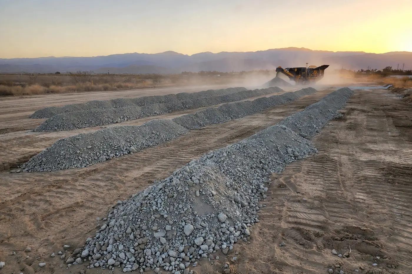 Cleared demolition site at dusk with neat piles of crushed recycled concrete aggregate