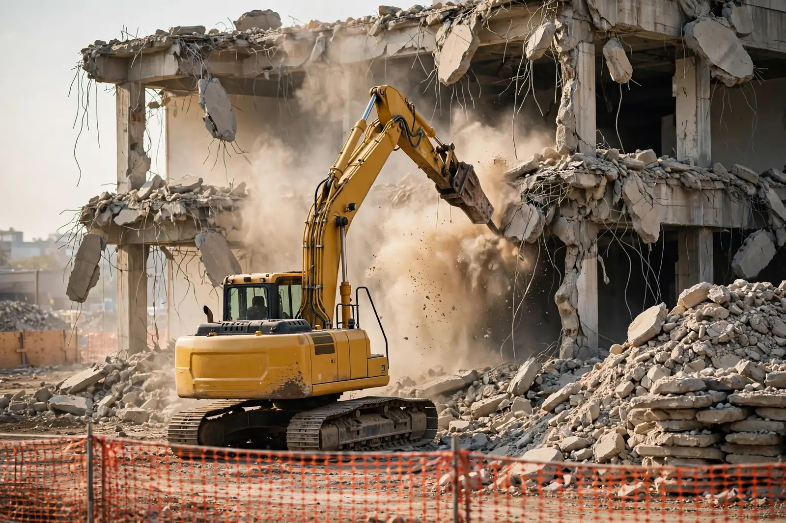 Excavator with hydraulic breaker tearing into a concrete structure during a controlled demolition, dust rising