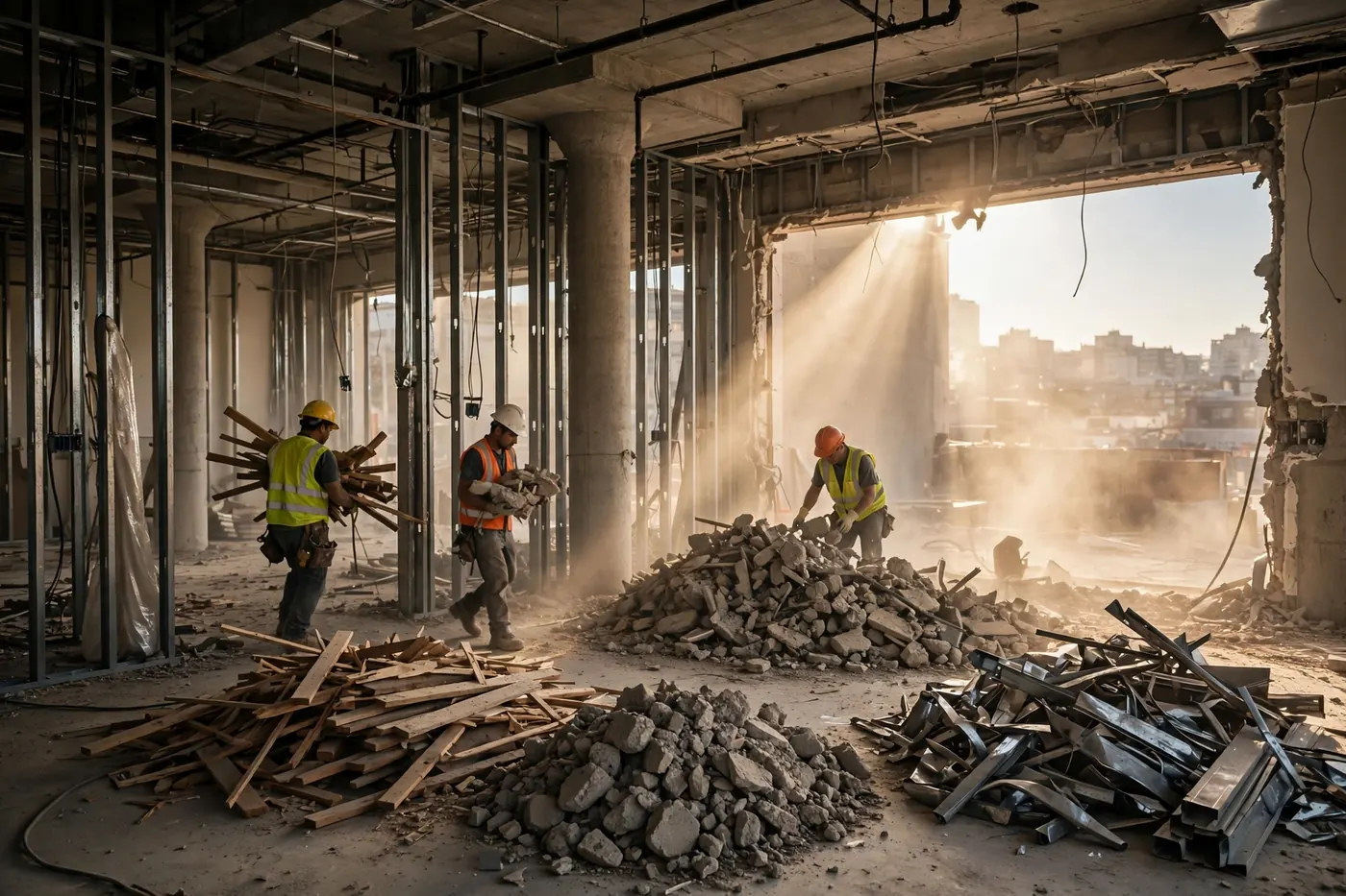 Interior selective demolition strip-out with exposed studs and sorted material piles